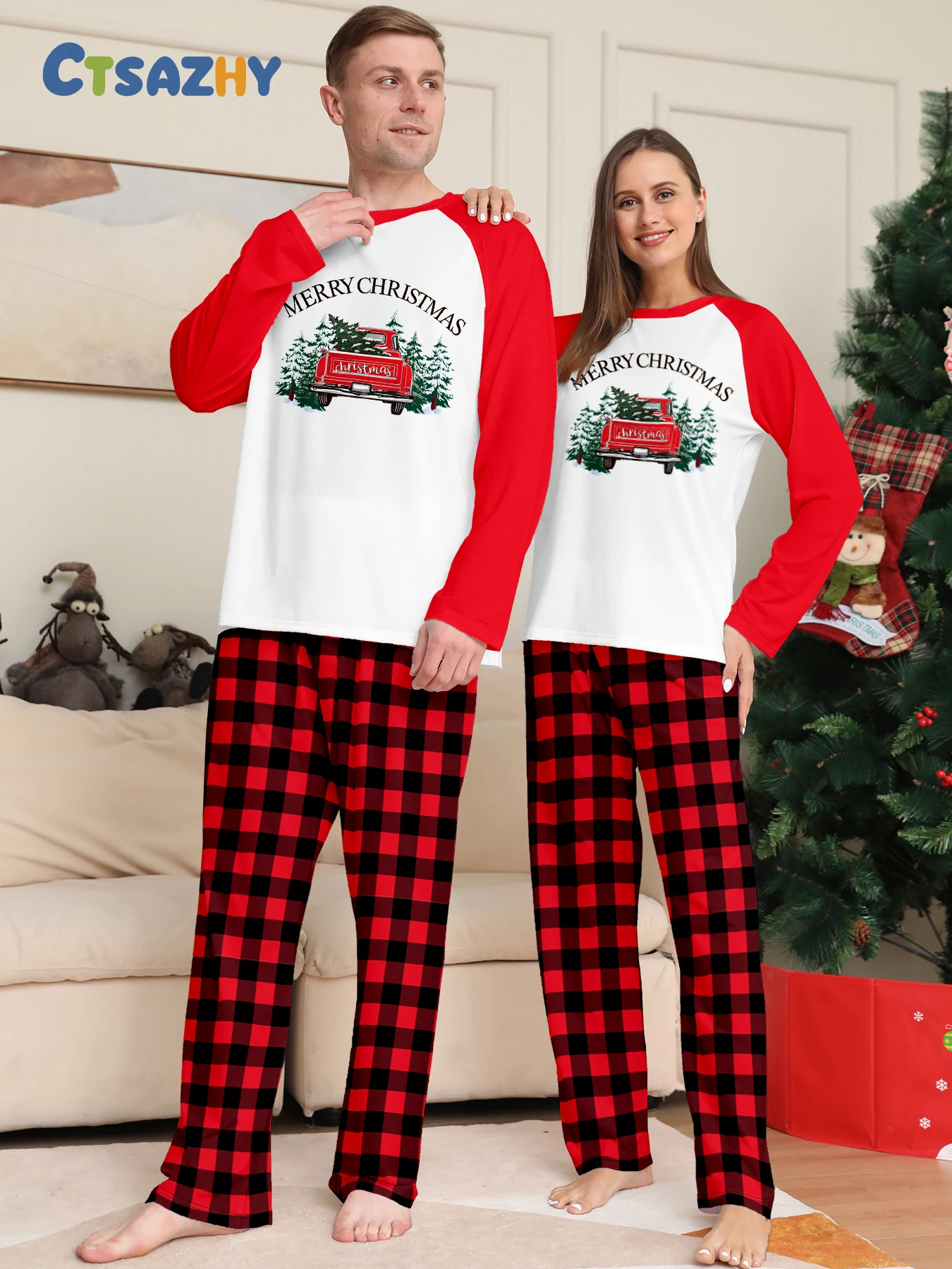 

Christmas Couples Sleepwear Set Merry Christmas Red Truck Graphic Raglan Sleeve Red Black Plaid Pajamas