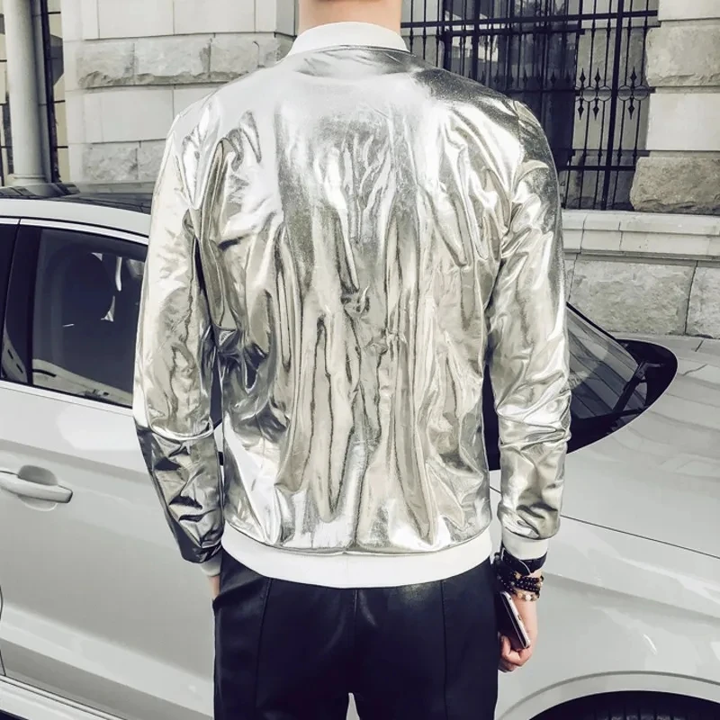 Windbreaker Gold Silver Jacket for Men Fashion Autumn Streetwear Slim Zipper Hip Hop Nightclub Shiny Singer Stage Costume Men