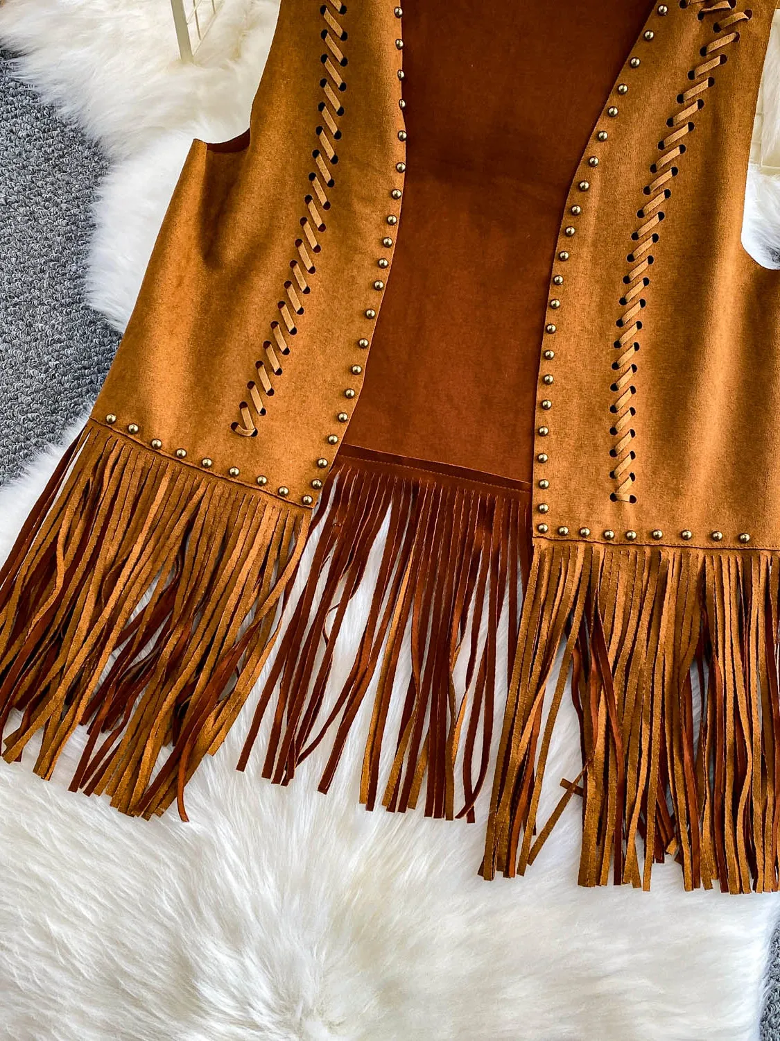 

Retro Heavy Du Willow Nail Deer Skin Velvet Vest Outerwear Women's Loose Slimming Tassel Mid-Length Top Commute Sle