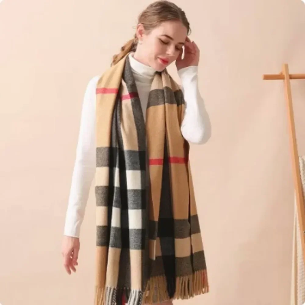 Women Winter Scarf Fashion Luxury Brand Tippet Scarves for Ladies Plaid Cashmere Shawls Warm British Style Neck Warmer 190x70cm