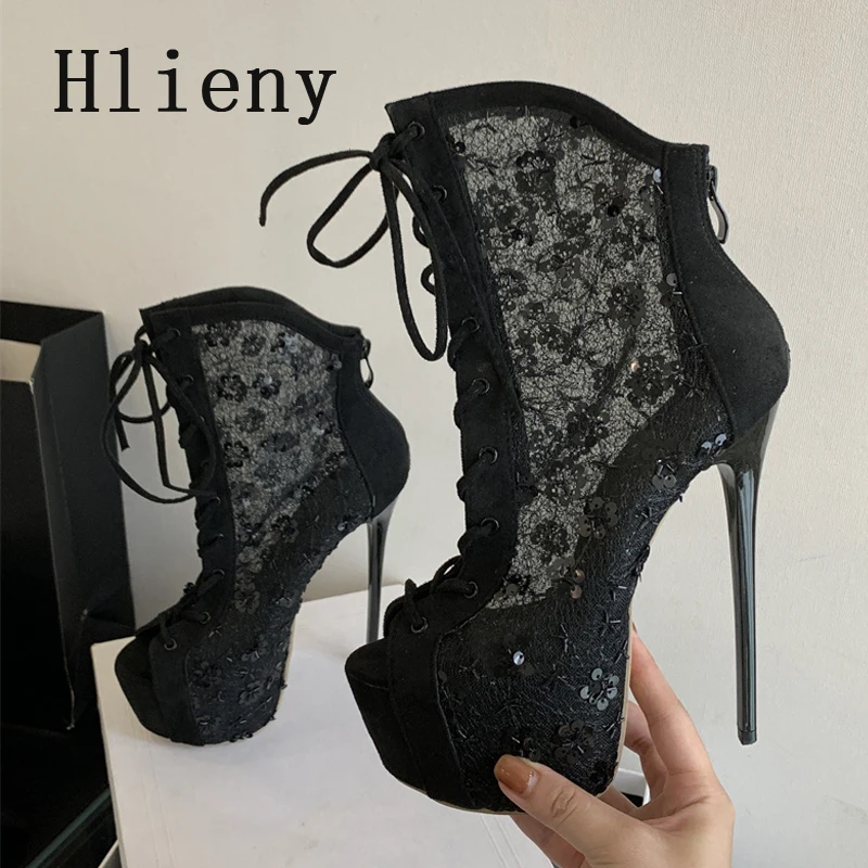 Hlieny الصيف مثير اللمحة تو الدانتيل متابعة النساء حذاء من الجلد خنجر كعب الصنادل تصميم شبكة النسيج المتطرفة متجرد الأحذية السوداء