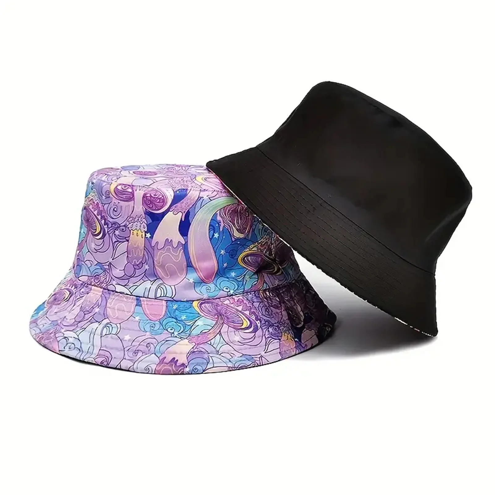 Lila Fischerhut Retro doppelseitiger Pilzdruck weiblicher Sonnenhut Urlaubshut Blumentopfhut doppelseitiges Design Frühling Sommer