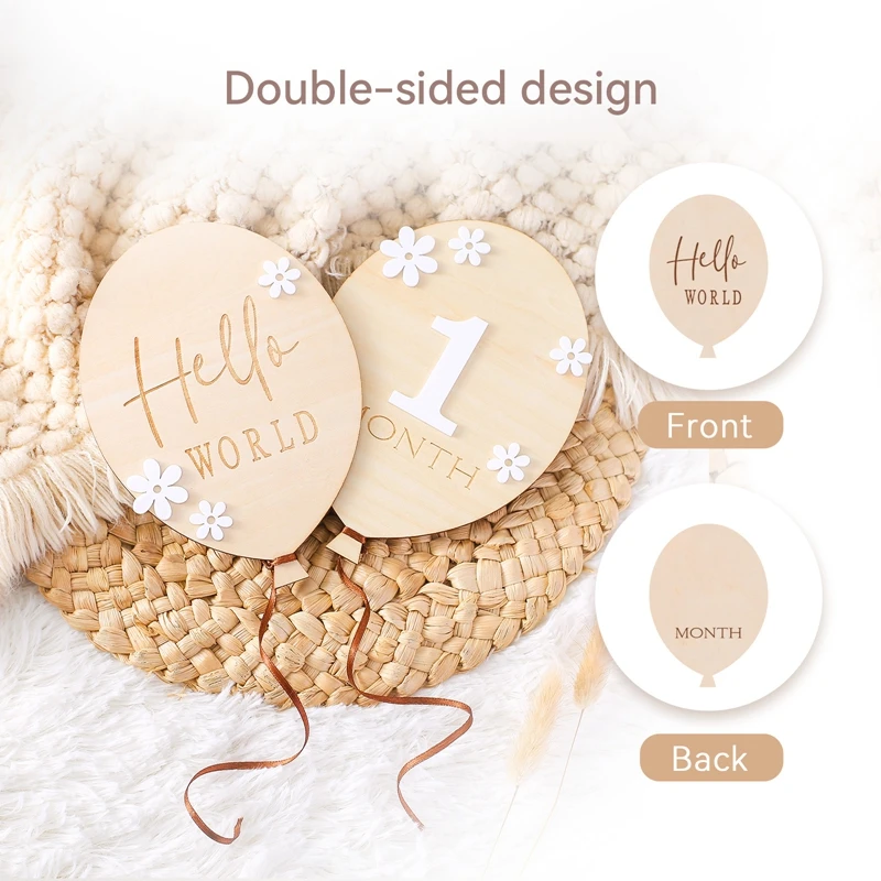 2Pcs Baby Wooden Balloon Milestone Cards Photography Accessories Baby Photography Shooting Props For Newborn Birthing Gifts