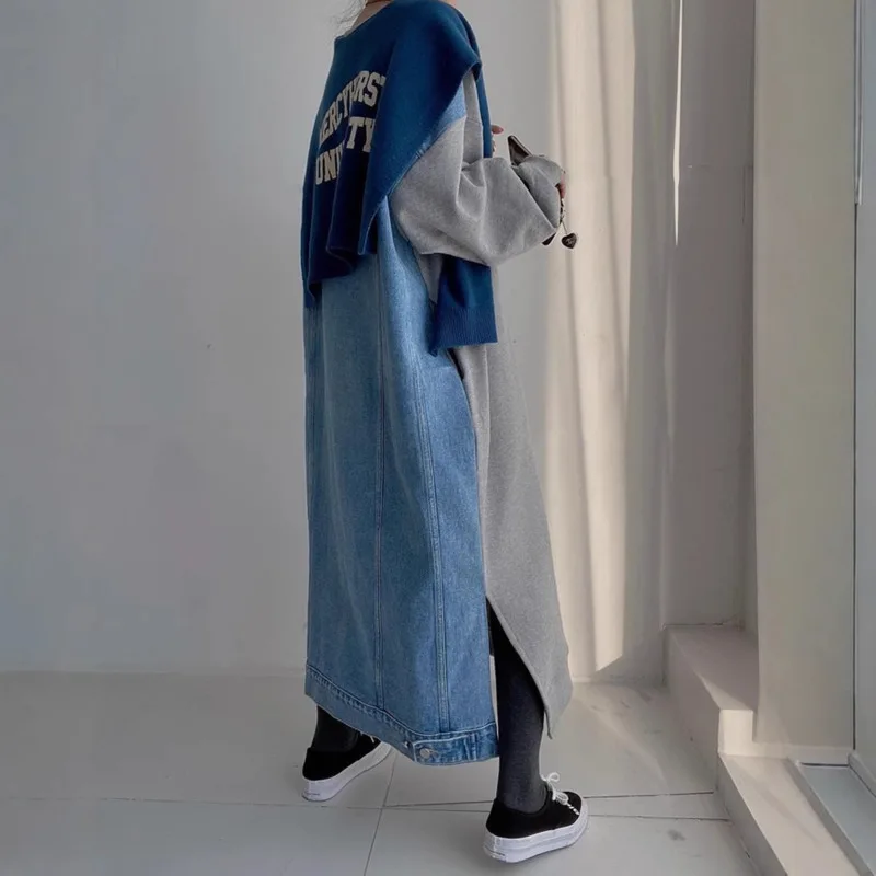 EAEOVNI カジュアルレディースドレスデニムパッチワークデザインレタープリントルーズコントラストカラールーズドレスファッション衣類