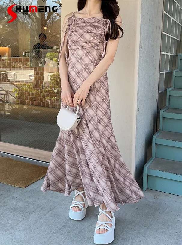

Japanese Style Elegant Lace-Up Drawstring Sleeveless High Waist Slim Sweet Casual Fishtail Long Plaid Sling Dress Women Summer