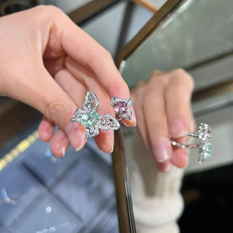 Romantic fresh purple mint green water droplet gemstone ring hollow out inlay diamonds butterfly rings for women wedding jewelry