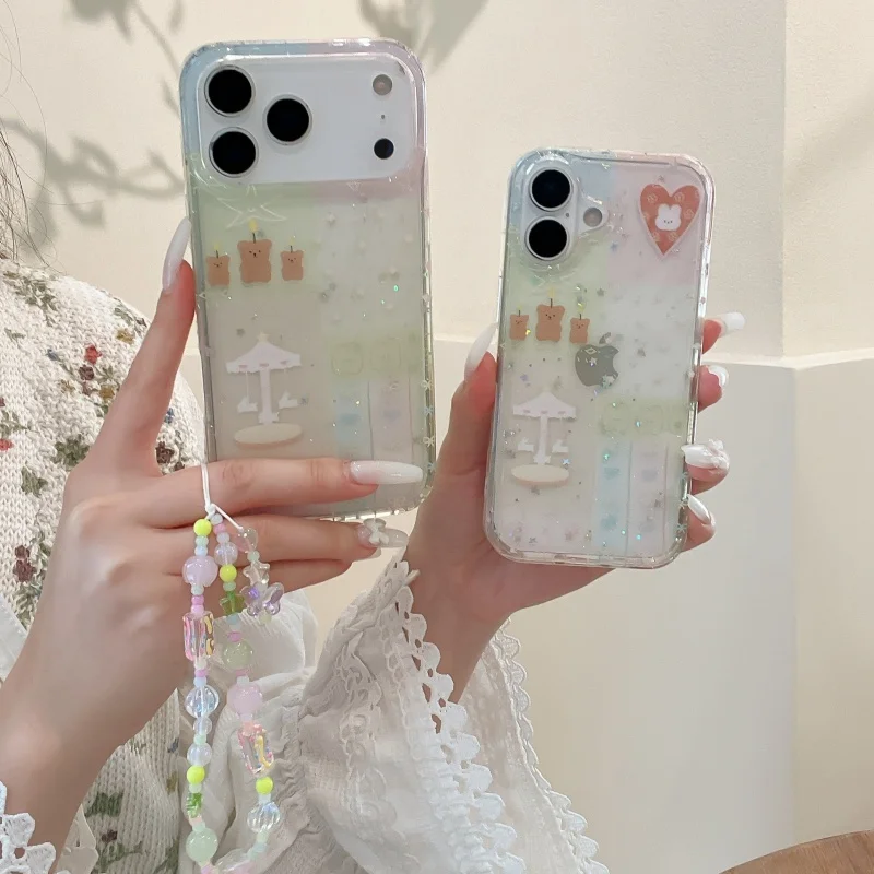 

Glitter Sequins Cute Cartoon Bear Rabbit Phone Case For iPhone 17 Pro Max 16 15 14 Pro Back Cover with Chain Shockproof Cases Fu