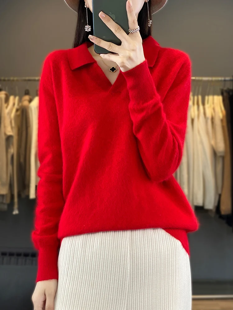 Winter Spring 100% Mink Cashmere Women Jumper Polo-Collar Fashion Knit Solid Color Sweater Long Sleeve Large Size Base Warm Tops