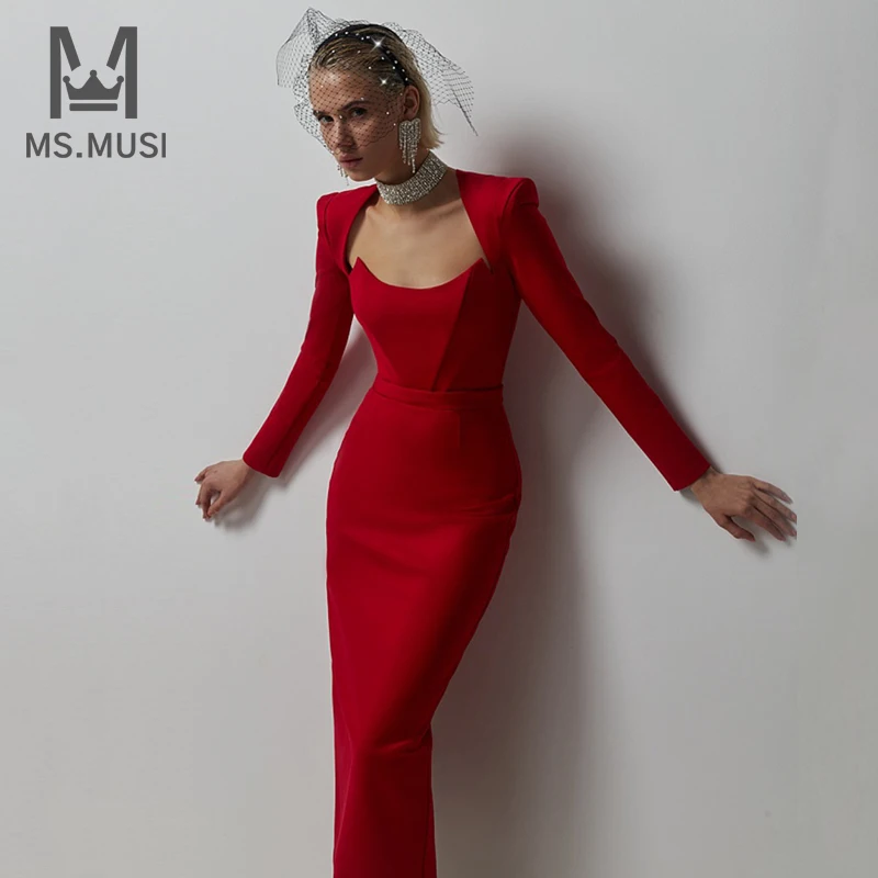 MSMUSI 2024 New Fashion Women Sexy Square Neck Corset Stripe Long Sleeve Bandage Party Club Bodycon Event Midi Dress Vestidos