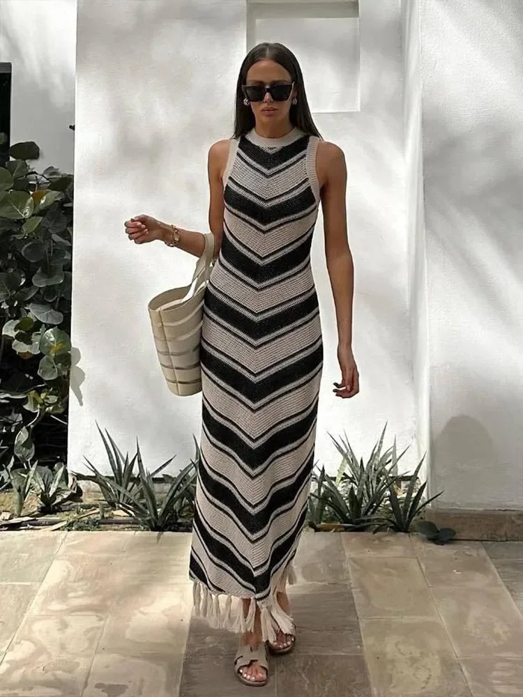 Leosoxs Abito da spiaggia estivo lavorato a maglia Donna Elegante moda Nappa Abiti lunghi a righe Estate Slim Boho Abiti da vacanza Abbigliamento da spiaggia