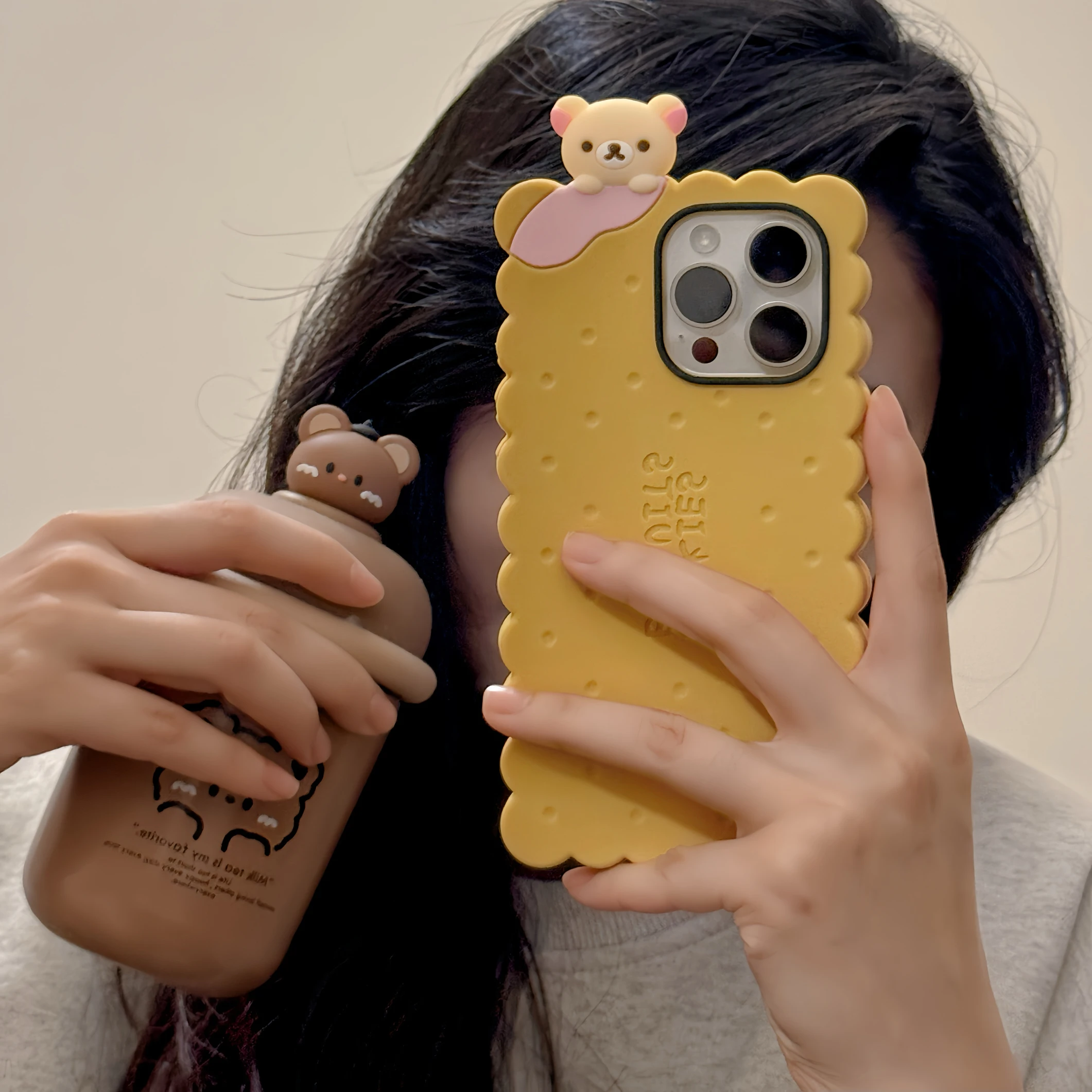 Cartoon Three-dimensional Biscuit Rilakkuma Bear Phone Case for IPhone 11 12 13 14 15 16 Pro Max Plus Anti-drop Back Cover Funda