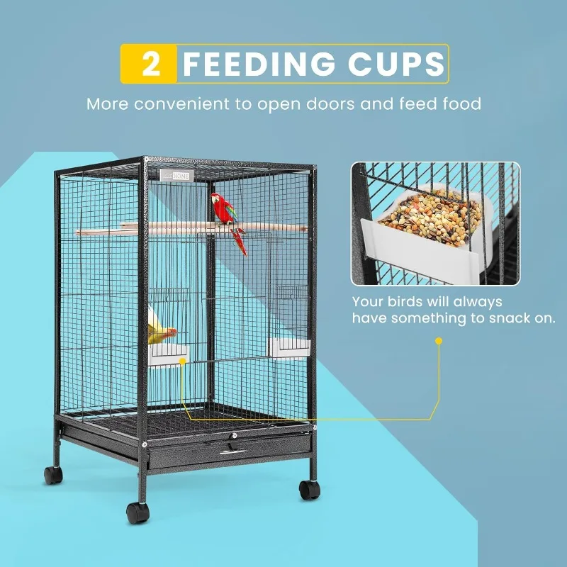 30 Inch Height Wrought Iron Bird Cage with Rolling Stand for Conures Lovebirds Cockatiels Finches