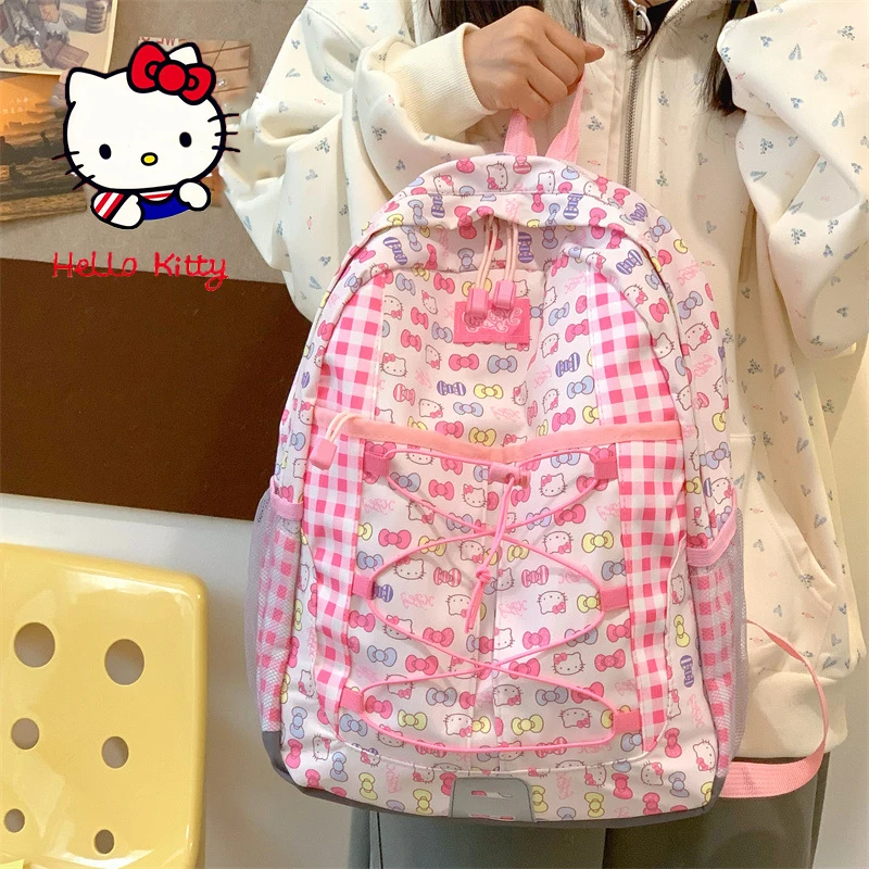 Kawaii Hello Kitty Pink Soft Girl School Bag Cartoon Y2K Girl Bow Print Oxford Cloth Travel Backpack Cute Fashion Large Capacity