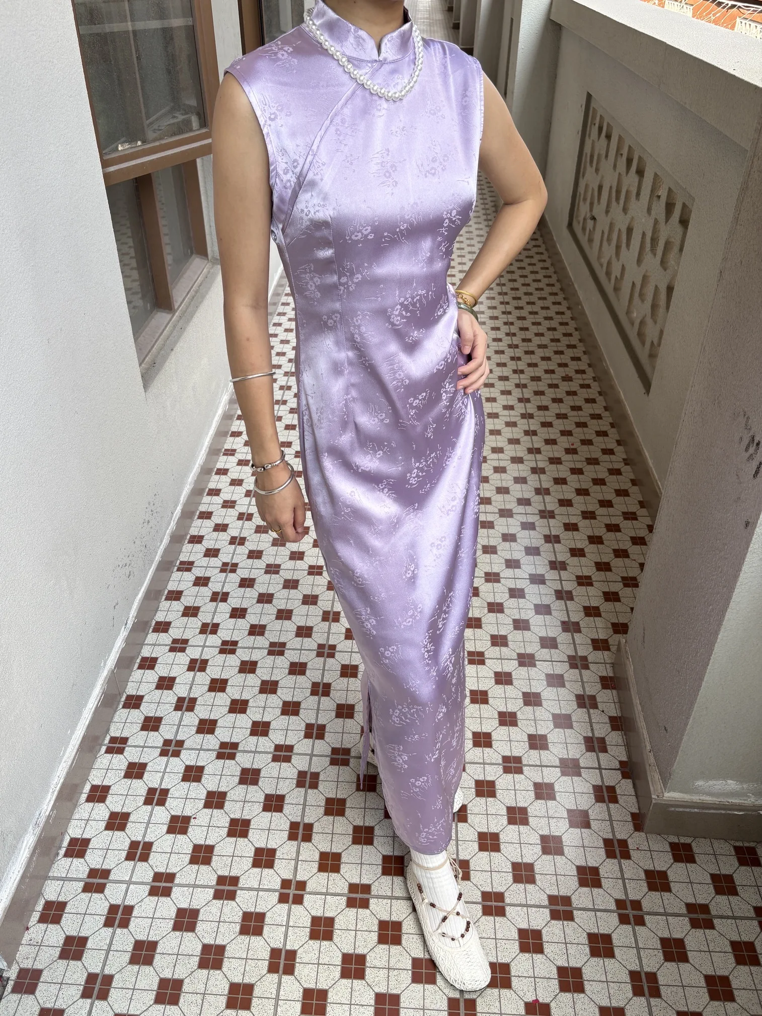 

Ретро-китайское вечернее платье из фиолетового ацетатного атласа с вышивкой и жемчугом, улучшенное, дышащее, длинное, элегантное