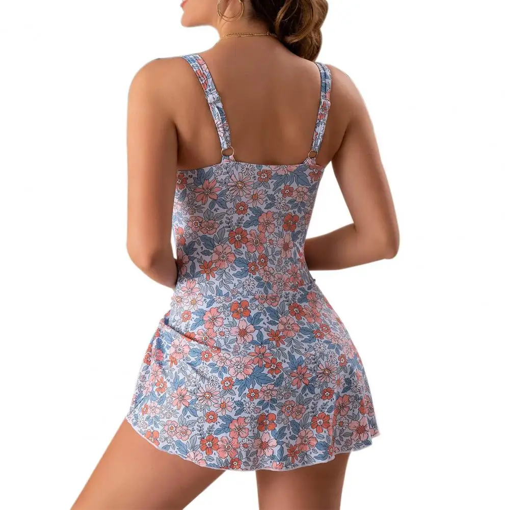 Sexy Printed Bikini Floral Print Padded Swimming Dress with Side Knot Backless One-piece Monokini for Women Stylish U-neck