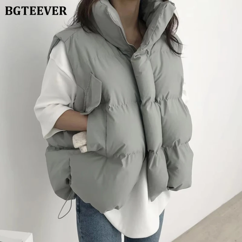 

BGTEEVER Vintage Stand Collar Thicken Cotton Padded Women Coats Casual Loose Zippers Sleeveless Female Vest Parkas Winter