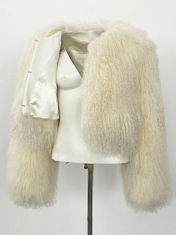 سترة نسائية من فراء الأغنام منغوليا الطبيعية لعام 2025 ملابس شتوية جديدة معطف فرو حقيقي قصير برقبة دائرية وأكمام طويلة