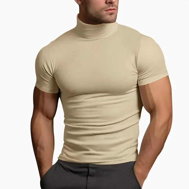 Summer solid color short-sleeved fashion bottoming shirt men\'s tight turtleneck T-shirt