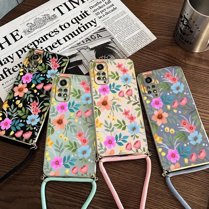 Color Flower Lanyard Plating Phone Case For Xiaomi Redmi Note 11 Pro Plus 12Pro Plus 11 11S 10 Pro 12 9S 8 Pro Cover