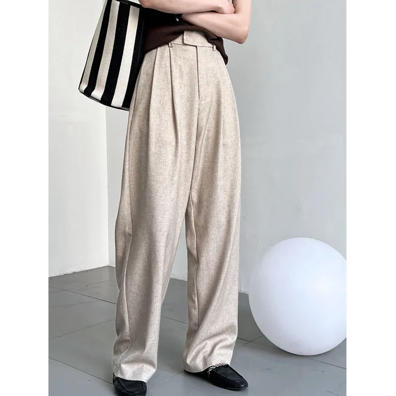 Spring Autumn Women Suit Pants High Waist Loose Cotton And Linen Straight Wide Leg Pants