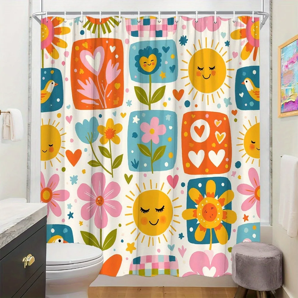 Rideau de douche rétro à carreaux tournesol, pomme de douche lavable et résistante à la saleté, rideau de bain en Polyester imperméable