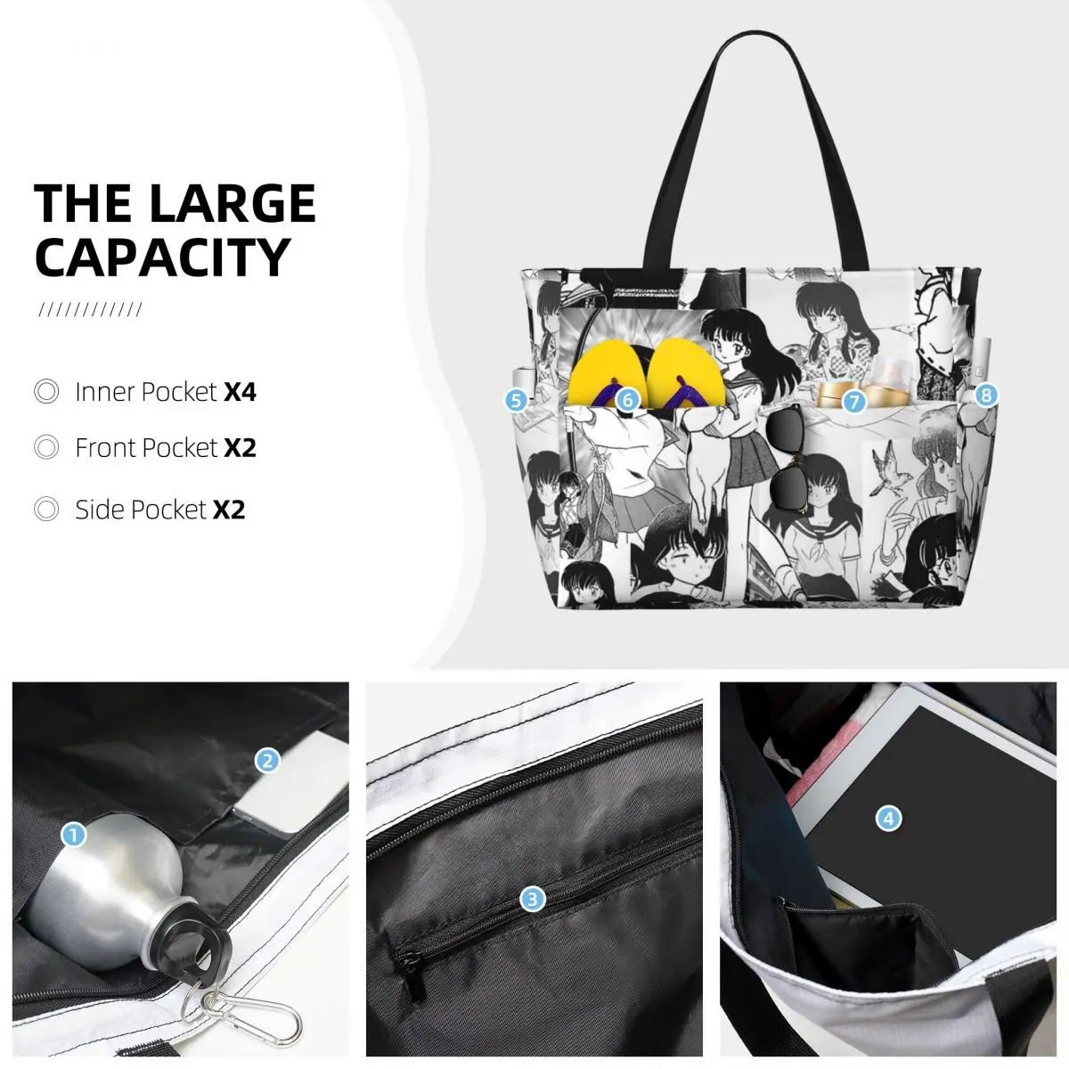 Inuyasha Higurashi Kagome Anime Beach Tote Bag Sport Gym Yoga Duffle Large Tote Bag Women Travel Bag Fitness bag view 3