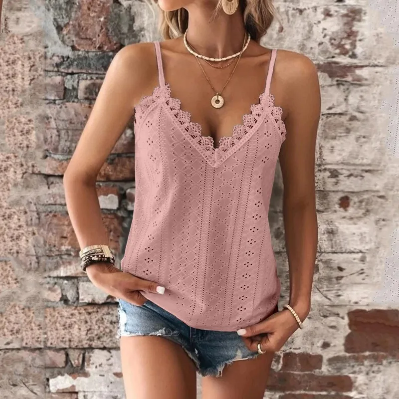 Summer Women's Fashion Sexy V-neck Lace Camisole Casual Loose Solid Color Top Can Be Worn As An Inner Layer Or As A Single Top