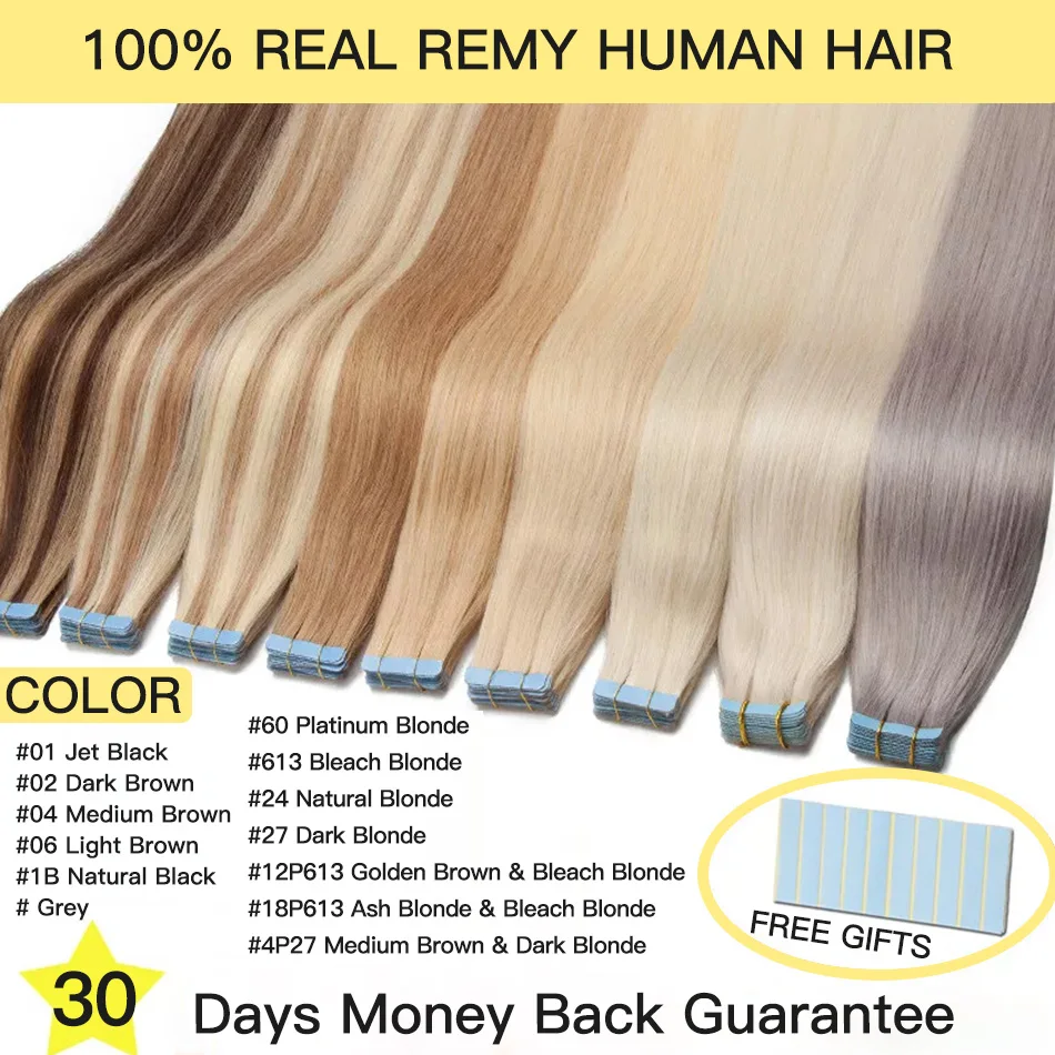 Yelo Straight Tape In Hair Extensions Human Hair European Remy Tape Ins Adhensive Real Thick Human Hair Extensions 20pcs 50G