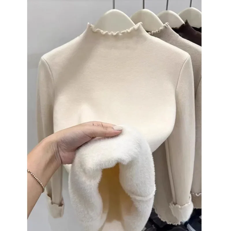 

Half High Collar Thick Velvet Knitted Base Sweater for Women 2024 New Autumn Winter Solid Warm Edible Tree Fungus Tops 31098