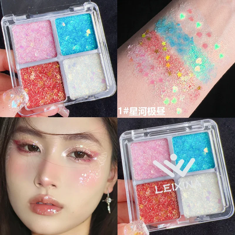 4Colors/box 3D Aurora Mermaid Glitter Sequin Cream Eyeshadow Shimmer Eyes Body Palette Party Stage Cosplay Long-lasting Makeup