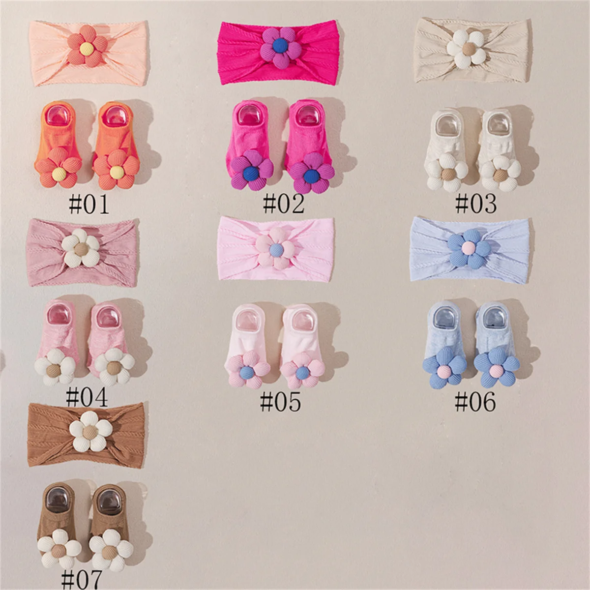 2Pcs Flower Baby Headband Socks Set Soft Nylon Hairband for Newborn Girl Elastic Floral Turban Short Sock Infant Headwear image 6