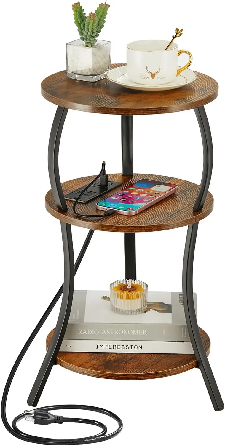 Small Round Side Table with Charging Station, 3-Tier Waist Circular End Table with Storage Shelf, Compact Table Small Spaces