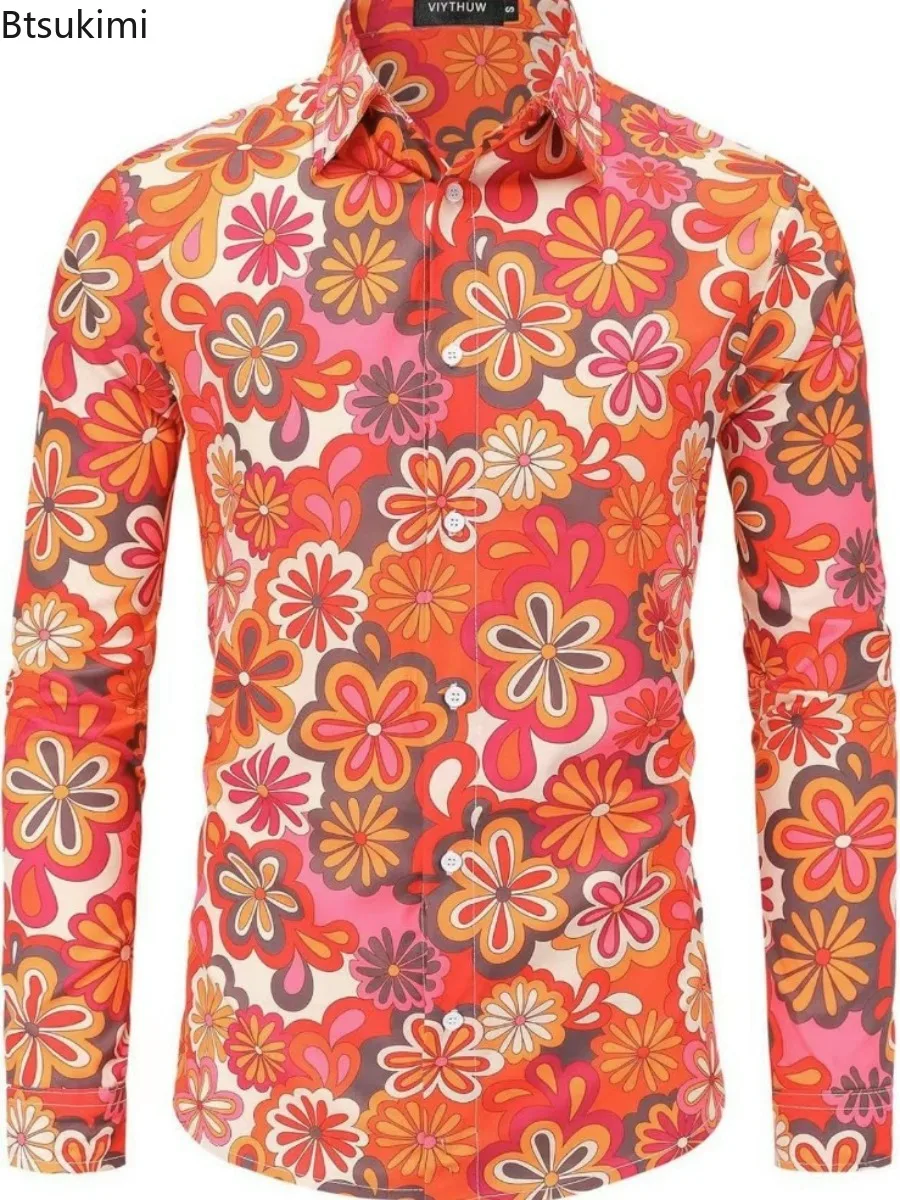 Nueva camisa de manga larga estampada para hombre, camisa informal de moda de estilo étnico para primavera y otoño para hombre, Tops de disfraz de Fiesta Disco con estampado Vintage