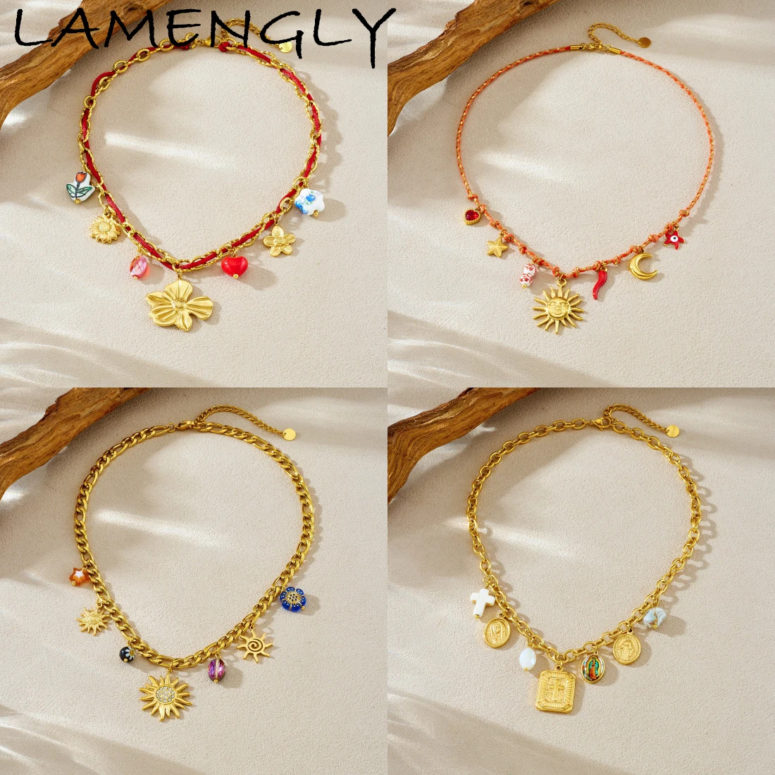 

LAMENGLY Novel Pendant Sun Portrait Cross Flower Star Necklace Women 316L Stainless Steel Classic Jewelry Accessories Neck Chain