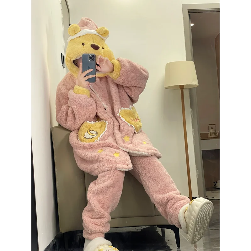 CartoonWinnie the Pooh hooded pajamas women\'s winter coral fleece new fleece thickened plush warm loungewear women\'s pajamas set