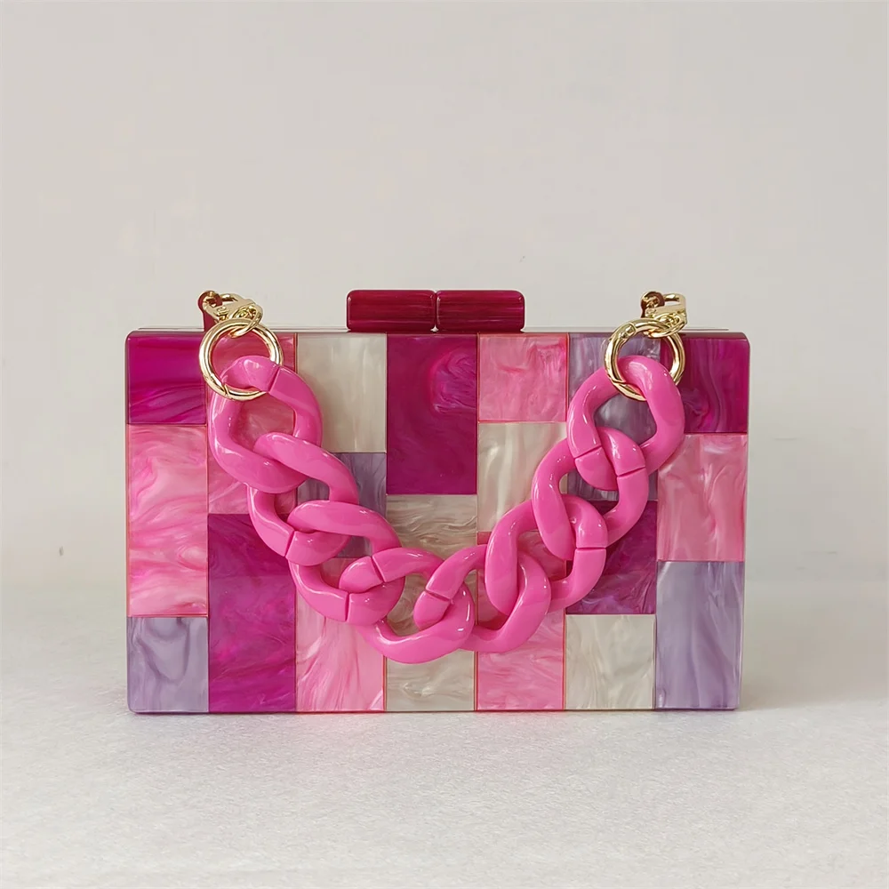 

Rose Red Plaid Mix Color Brand New Beaded Handle Acrylic Box Clutch Bags Lady Stone Minaudiere Evening Bags Wedding Flap Handbag