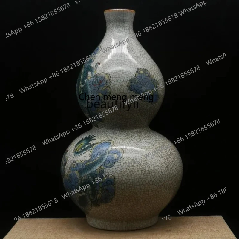 

X Shuanglong play bead gourd bottle antique, old goods old goods Chinese living room decorative ornament
