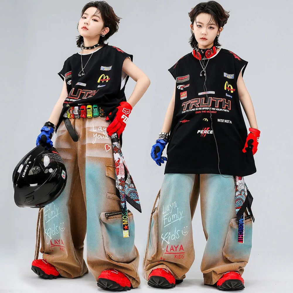 Children Boys Girls Streetwear Hip Hop Sleeveless T-shirt Tank Cargo Jeans Pants Sets Kids T Shirt Baggy Trousers Stage Costume