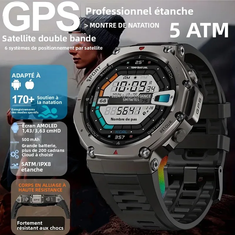 Nouveau SmartwatchDouble bande GPS montre intelligente militaire 1.43 pouces 10ATM résistant à l'eau 500mAh batterie boussole altimètre GPS montre intelligente