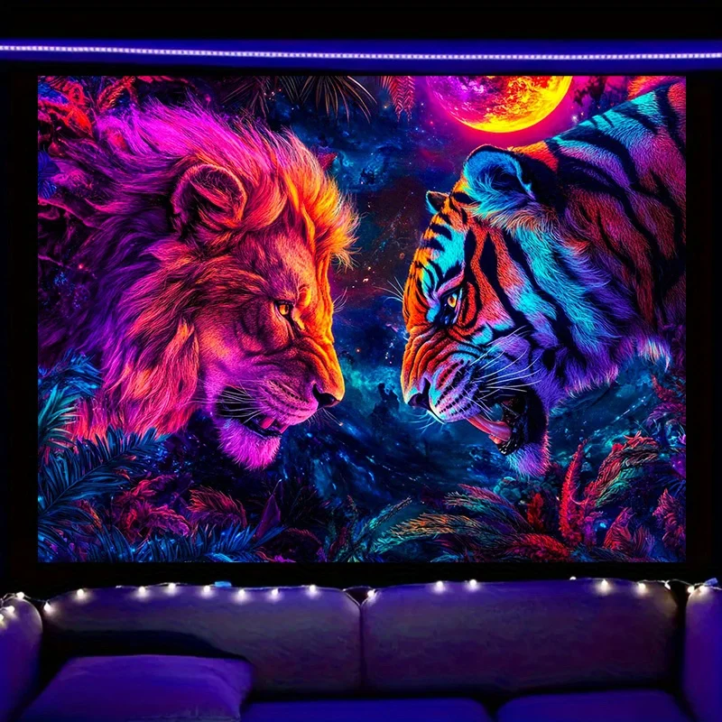 Neon Lion Vs Tiger Wall Tapestry Psychedelic Animal Art Cosmic Jungle Print LED Light Decor Modern Boho Room Design Fantasy