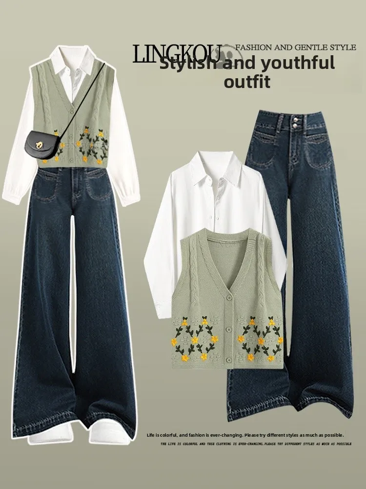 

Korean Style Knitted Vest And Top High Waist Jeans Three Piece Set plus Size Spring Autumn Fashion Women's Clothing Ensemble