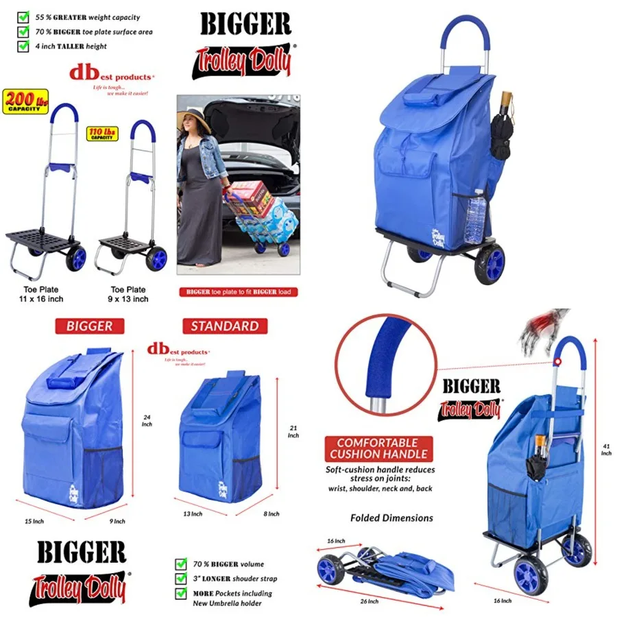 

Bigger Trolley Dolly, Blue Shopping Grocery Foldable Cart,Use it as a shopping cart, grocery cart, utility cart and overall exceptional cart on wheels with little to no assembly required.60% bigger than the standard Trolley Dolly.