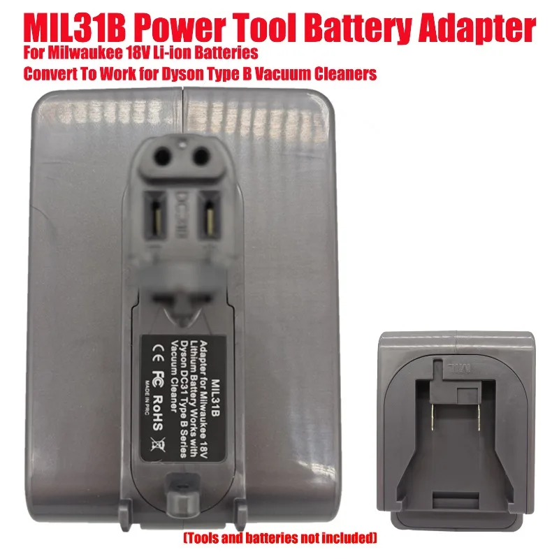 

Адаптер-конвертер для аккумуляторов Milwaukee 18V Li-ion, позволяющий использовать их с пылесосами Dyson Type B, модель MIL31B.