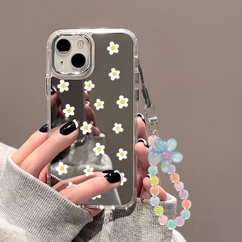 Girasole Daisy polso catena cordino Make up specchio cassa del telefono per iPhone 15 Pro Max 11 12 13 16 14 Pro Max XR XS Max custodie Cover