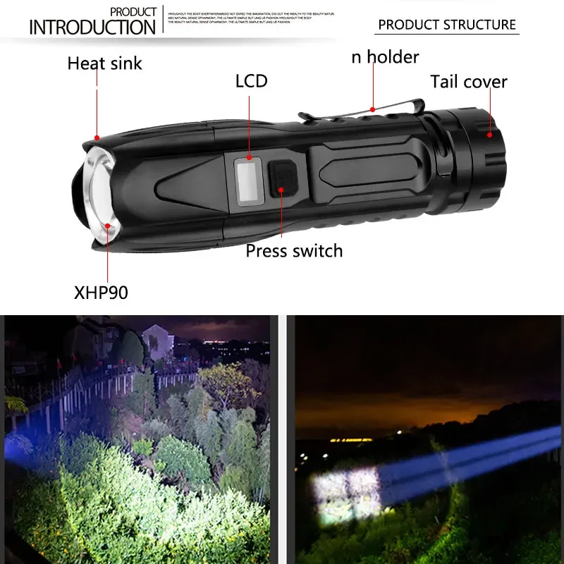2020NEW Powerful XHP90.2 LED Flashlight With OLED smart displayTactical LED Torch lantern 5mode Zoomable XHP70 Camping  light