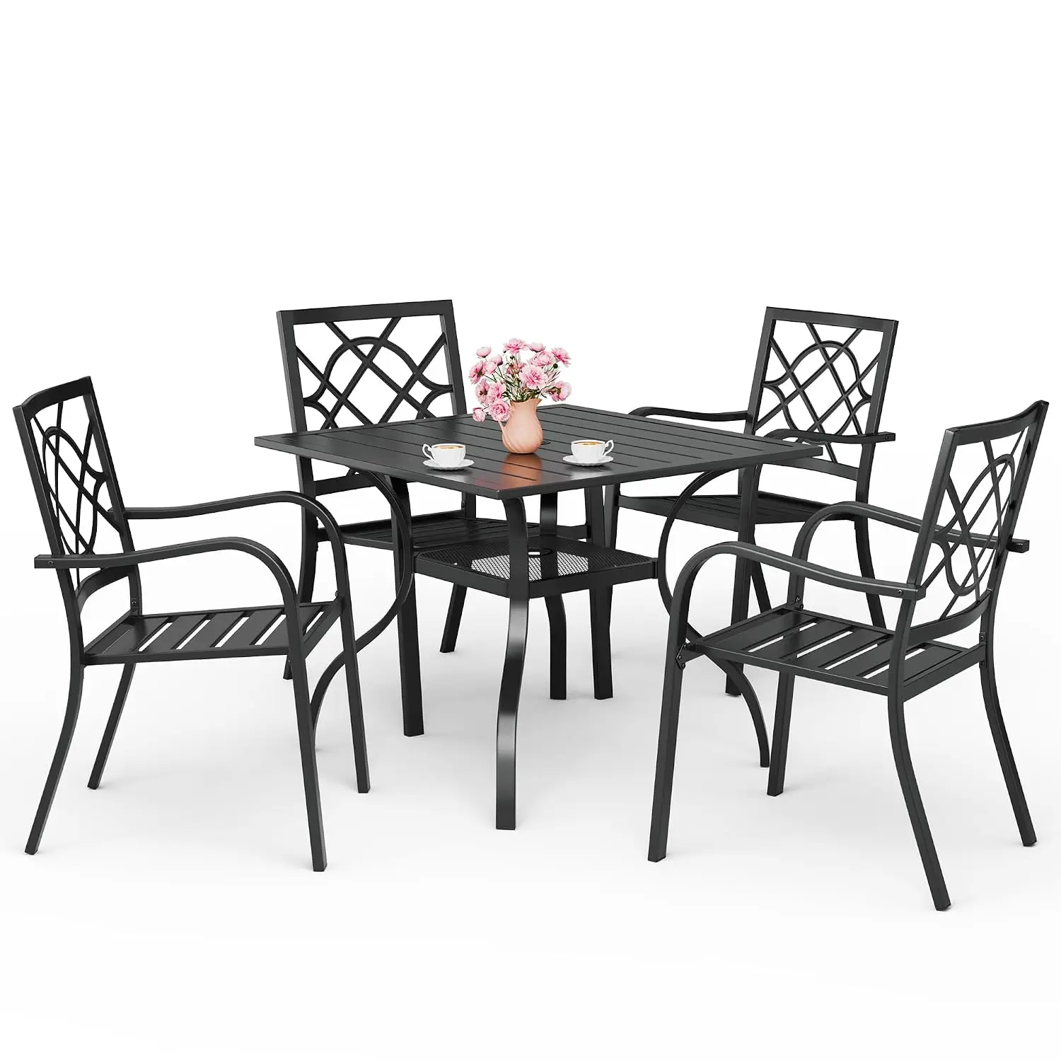 Metal Patio Dining Set 5-Piece Outdoor Furniture Square Table with Umbrella Hole & 4 Stackable Chairs, Customized