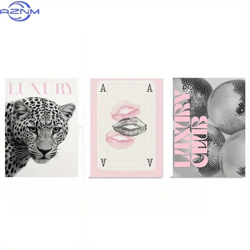 3pcs/set Modern Luxury Pink Leopard Print Lips & Disco Ball Wall Art - Frameless Vertical Canvas Poster Suitable for Bedroom, L