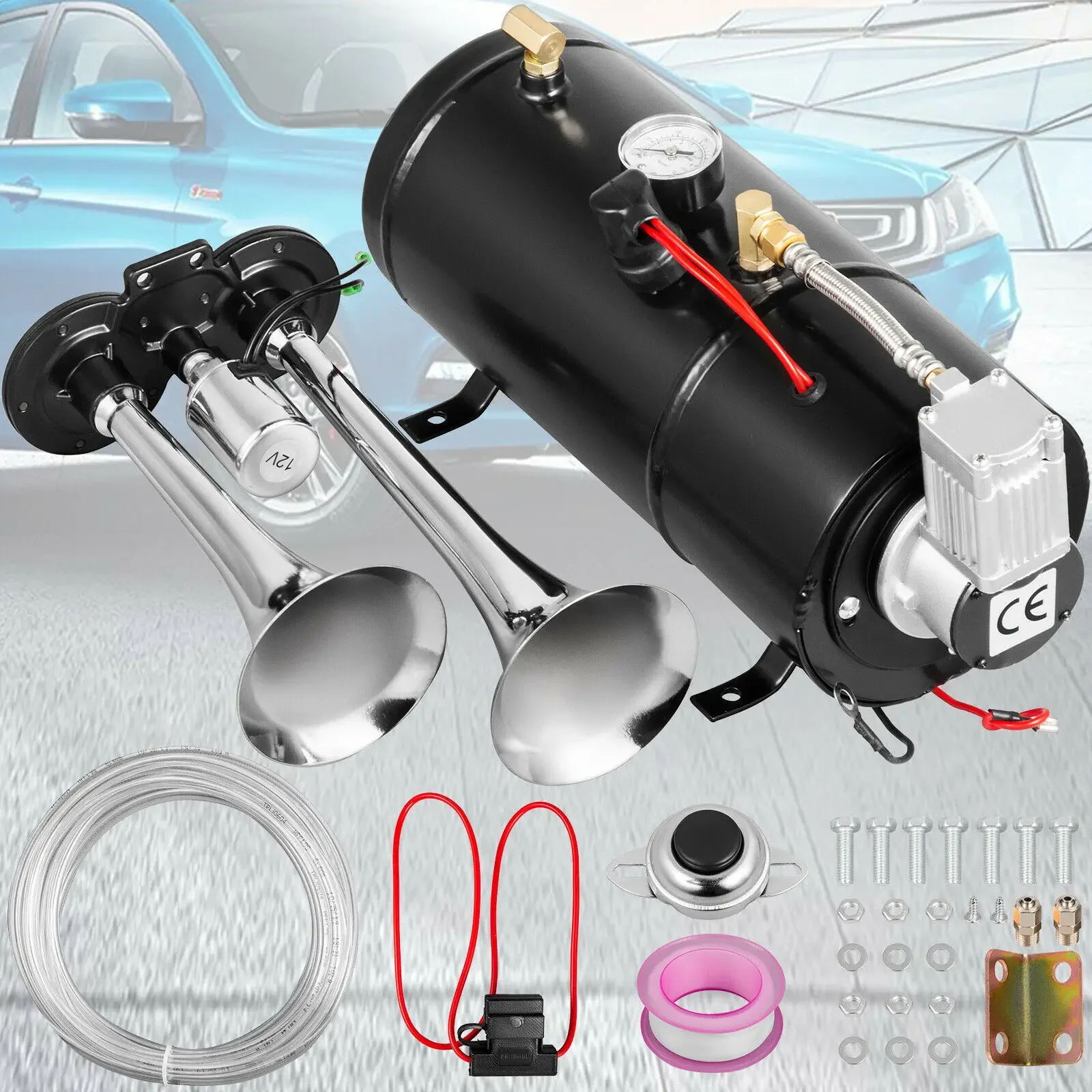 Car Double Pipe Air Compressor Horn Kit Modified Car Air Pump Air Flute Horn