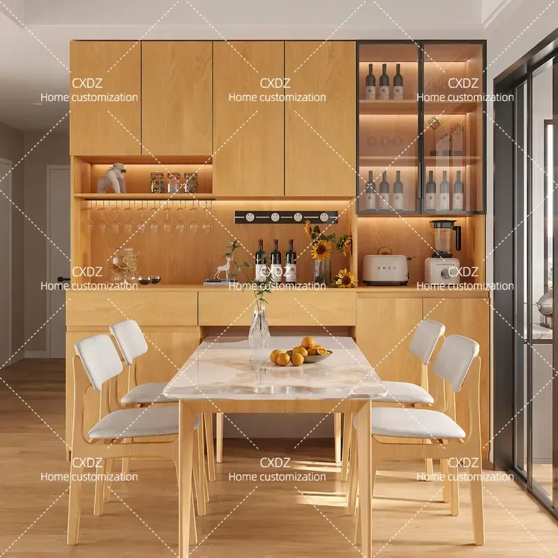 Oak Solid Wood Living Room Dining Side Cabinet Integrated Whole Wall Glass Door Locker Embedded Glass Bowl Small Household