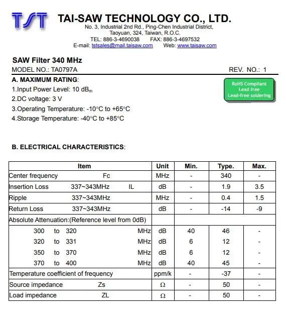 5Pcs/Lot New Original SAW Filter 340MHz DC3V Insertion Loss 1.9dB SMD 5x5mm Surface Acoustic Wave TA0797A Code 797